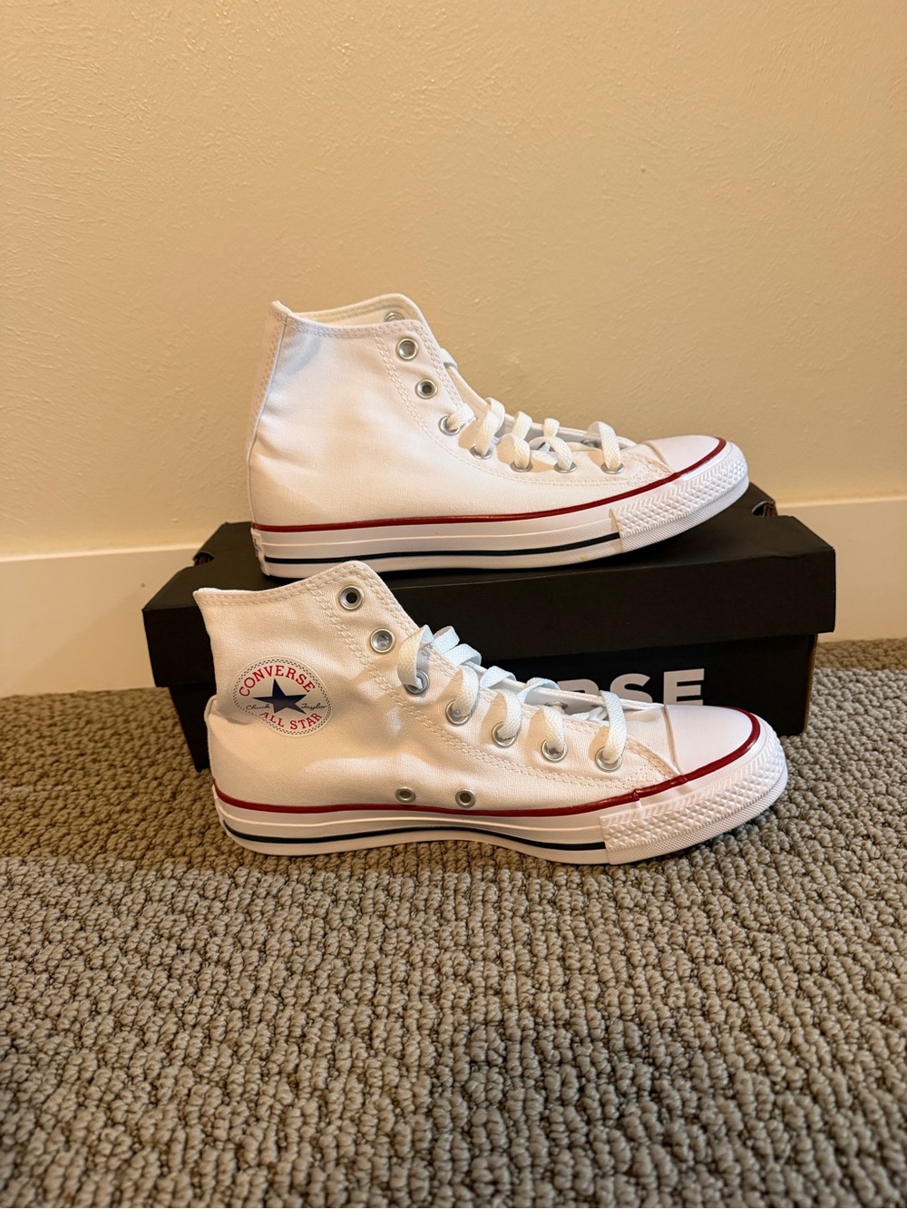 Converse White High Top Kids Sneakers with Red Trim
